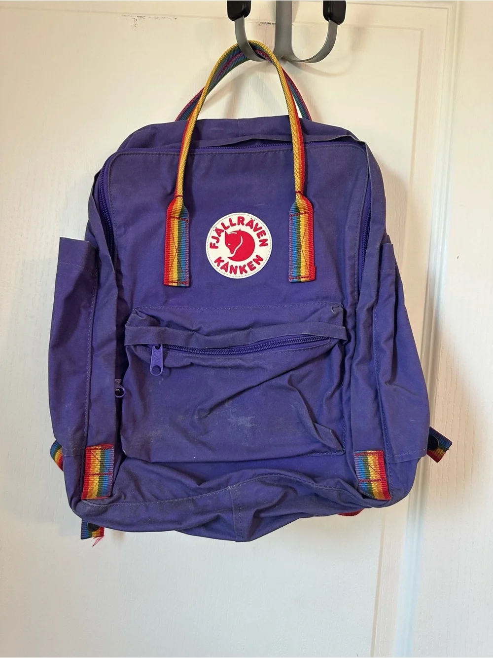 Fjallraven Kånken Backpack in Purple with Rainbow Straps